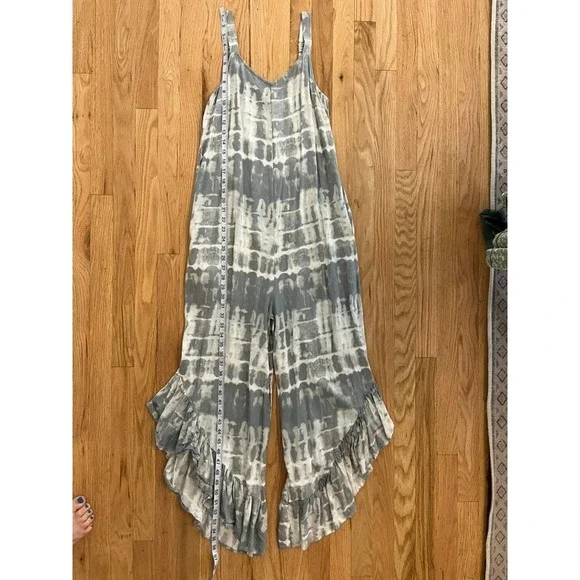 Japna Womens Grey White Tie Dye Ruffle Hem Wide Leg Jumpsuit Size M Boho Rayon - Picture 6 of 9